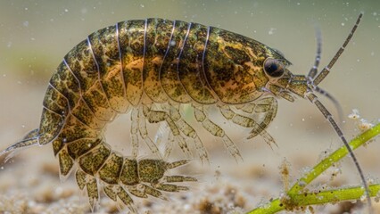 A small, brown and green crustacean with segmented legs and a segmented body, swimming in water with a sandy bottom.