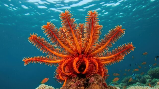 A vibrant orange feather starfish with red and yellow accents on a coral reef with a blue ocean background.