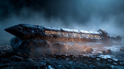 A legendary enchanted sword with glowing magical runes rests upon a desolate, misty battlefield under a dark sky