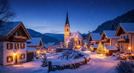 Scenic view of illuminated building, mountain landscape under a blue sky with snowfall, representative of winter holiday spirit and peace