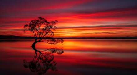 Vivid red sunset reflecting a lone tree in tranquil water