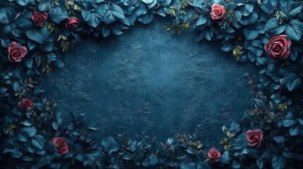 Dark blue textured background framed by roses and leaves