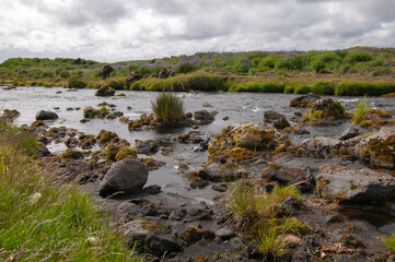 South Iceland, view along river with stones covered in moss