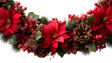 Close up of a christmas wreath with red poinsettias and pine cones decor