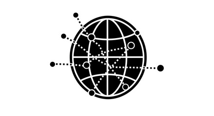 A black and white graphic depicting a globe with interconnected dots, representing global connection.