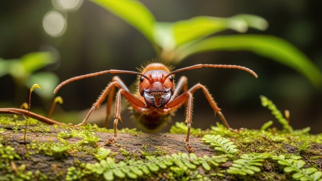 A red ant on a mossy log with green leaves in the background.