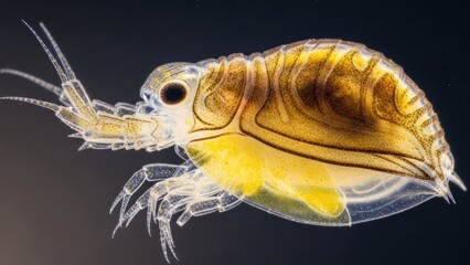 A translucent, yellow and brown crustacean with segmented body and appendages, swimming in water.
