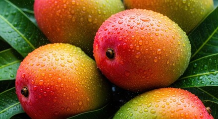 Vibrant tropical mangoes with water drops on green leaves