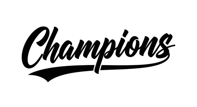 Bold, elegant script lettering spells out the word "Champions" on white background.