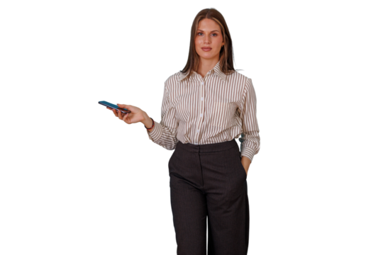 Businesswoman standing, holding a mobile phone in one hand and keeping another hand in pocket, communicating and staying connected - Powered by Adobe
