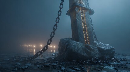 A mysterious ancient runestone with glowing magical inscriptions, bound by a heavy iron chain in a dark and foggy fantasy landscape