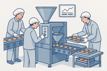 Efficient bakery production line showcasing workers operating machinery to streamline the baking process and ensure quality output in a clean environment reflecting industrial innovation