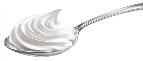 A spoon holding a swirl of white cream on a white isolated background