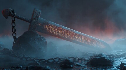 Epic ancient sword with glowing runes embedded in rocky terrain with mystical fog and fire elements