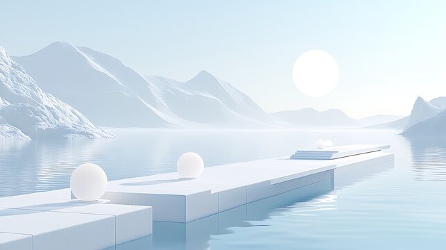 Serene minimalist landscape with white architectural platform, glowing spheres, mountains, and a large sun on calm water.