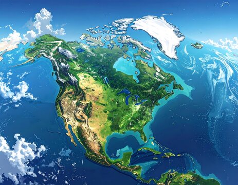 A vibrant, detailed illustration of North America from space, featuring lush greenery, icy regions, and surrounding blue waters with fluffy clouds