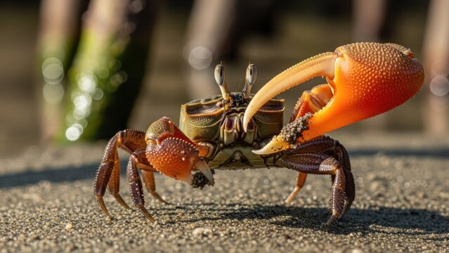 A red crab with orange claws on a sandy beach.