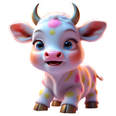 Fantasy 3D Cartoon Baby Cow with Pastel Polka Dots and Rainbow Hair