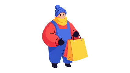 Charming flat design illustration of a happy shopper in warm winter clothes carrying shopping bags, perfect for seasonal sales and promotions