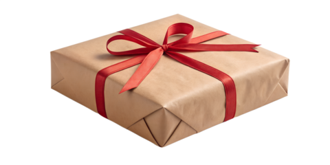 Isolated Christmas gift box wrapped in kraft paper with a red ribbon. Transparent PNG with realistic soft shadow, perfect for holiday designs, cards, banners, and compositions.