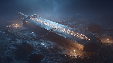 Giant Sword in Chains Fantasy Relic of a Fallen Warrior