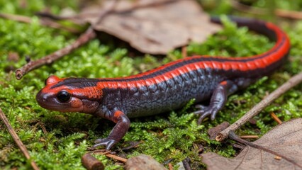 A red and black salamander on moss with leaves in the background.