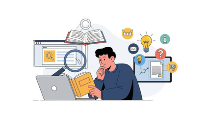Man pondering over a book, surrounded by technology and knowledge-related icons