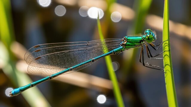 A vibrant green dragonfly with blue and black markings perched on a blade of grass, surrounded by water and greenery.