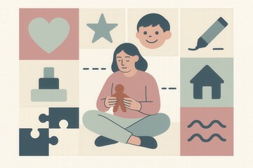 Fototapeta premium Developmental psychology illustration showcasing emotional connection and nurturing with playful elements fostering childhood growth and imagination