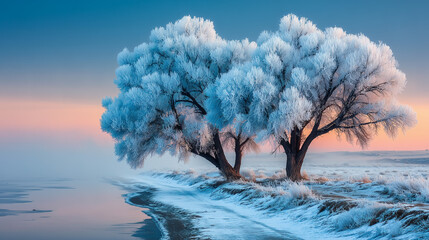 Frost covered trees by winter river at sunrise
