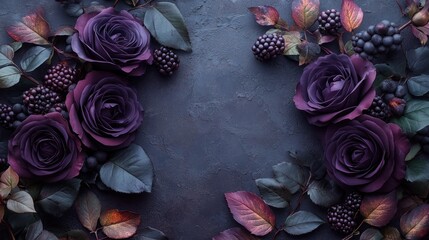 Dark purple roses, berries, and leaves on a textured background