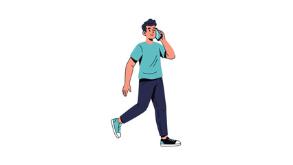 Modern flat illustration of a young man walking and engaged in a phone conversation, portraying communication and mobility