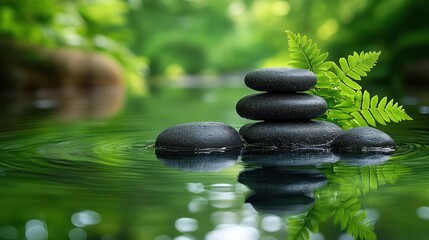 Dark stones balanced on water, tranquil forest