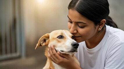 Joyful bonding moment between a woman and her dog in a peaceful urban setting