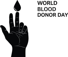 Black silhouette of a hand with a blood drop falling from the index finger, illustrating world blood donor day concept