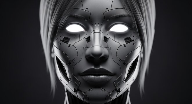 Sci-Fi Portrait of a Futuristic Female Cyborg with Luminous Eyes and Intricate Metallic Face Design