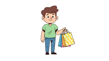 Happy shopper holding colorful shopping bags after a successful purchase, isolated on white background
