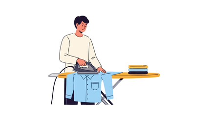Man ironing clothes on an ironing board with a stack of folded shirts, flat vector illustration