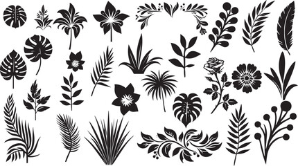 Black and white floral silhouette pattern with decorative leaves and swirls