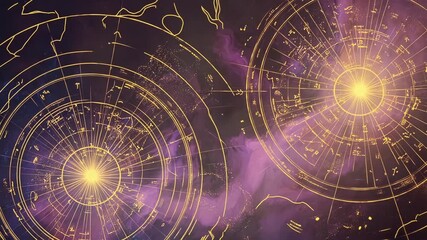 Mystical celestial charts and cosmic nebulae glow with ancient astrological wisdom.