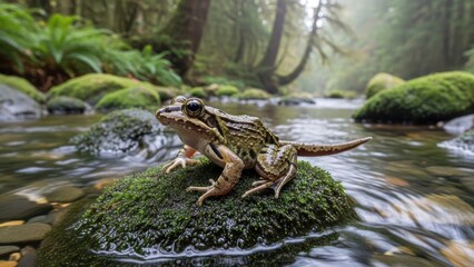 A green frog sitting on a mossy rock in a misty forest stream.