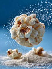 Popcorn ball with sugar dusting against blue background