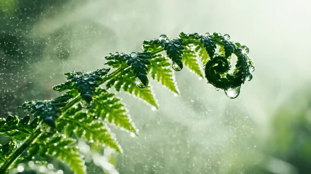 Green fern frond with fresh water droplets and sunlight bokeh