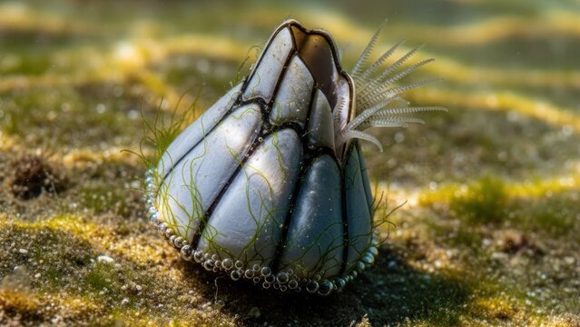 A white and black goose barnacle with a white feathered structure on a green and brown seaweed-covered surface.