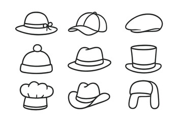 Headwear styles outline icons set including fedora, top hat, baseball cap, and chef's toque