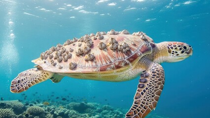 Obraz premium A green sea turtle swimming in clear blue water with barnacles on its shell.