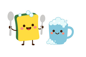 Cute cartoon sponge character holding spoons standing next to a happy blue mug filled with soap suds