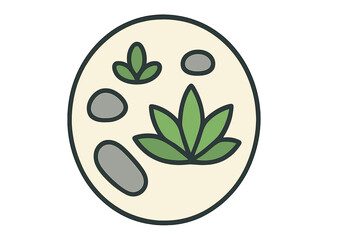 Circular design featuring green succulent plants and smooth gray stones on a light background
