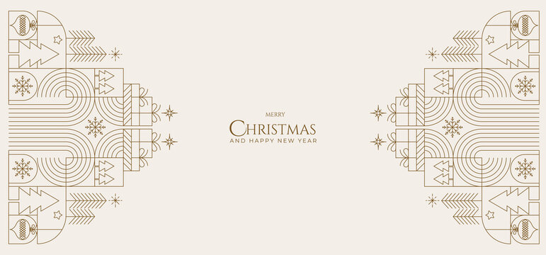 Minimalist Christmas background with geometric line art ornaments, trees, and gifts in gold tones, ideal for festive banners, greeting cards, and seasonal branding.