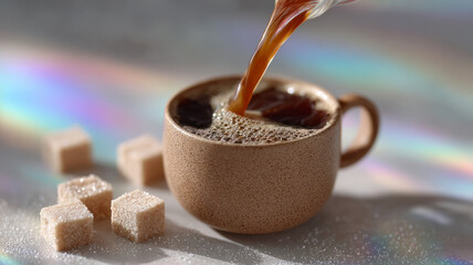 Pouring coffee into a ceramic mug with sugar cubes nearby.